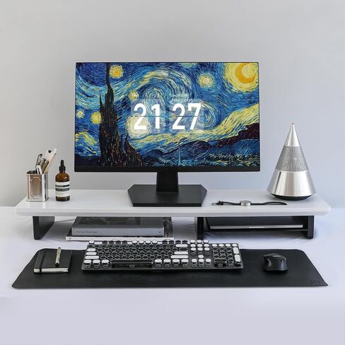 Dual Monitor Stand Riser White, Sturdy Bamboo 2 Tiers Computer Riser Stand for Desk, Multi-Purpose Desktop Organizer Riser for Computer,Laptop,Printer,TV, White+Black in Saudi Arabia