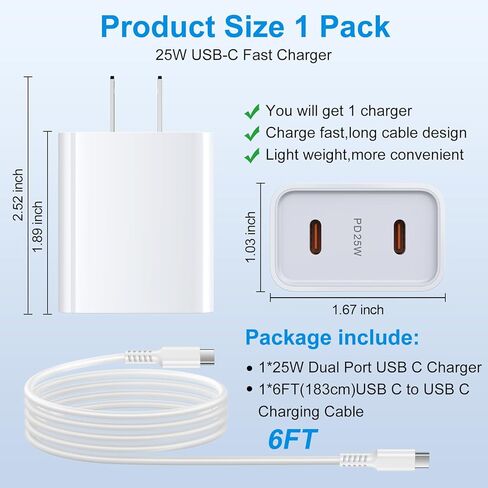25W Samsung Super Fast Charger Type C Charging Block for Galaxy A15 A55 A14 A54 A13 A53 S24 S23 S22 S21 S20&6ft C سلك كابل الشحن، شاحن هاتف Android سريع لـ Google Pixel 8A 7A 6A 8 7 6 Pro in Kuwait