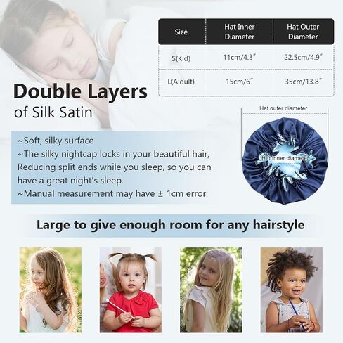 Satin Bonnet for Sleeping Women(L) Kid(S), Double Layer Silk Hair Bonnet for Girls Boys Curly Hair Night Cap in Saudi Arabia