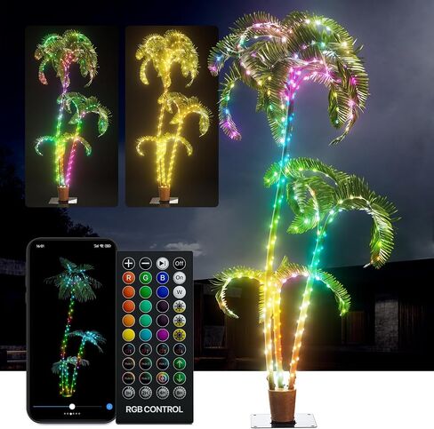 7Ft Lighted Palm Tree with 2 Trunks, 209 RGB LEDs, Prelit Fake Tree Lights, DIY 16 Mil. Color Changing, Music Sync, App & Remote Control, Outdoor Decoration for Bars, Patio, Beach, Pool, Cruise Party in Saudi Arabia