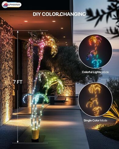 7Ft Lighted Palm Tree with 2 Trunks, 209 RGB LEDs, Prelit Fake Tree Lights, DIY 16 Mil. Color Changing, Music Sync, App & Remote Control, Outdoor Decoration for Bars, Patio, Beach, Pool, Cruise Party in Saudi Arabia