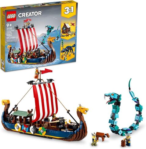 LEGO 31132 Creator 3in1 Viking Ship and the Midgard Snake Toy Set for Kids with a Boat, House and Animal Figures, Original Gift in Saudi Arabia