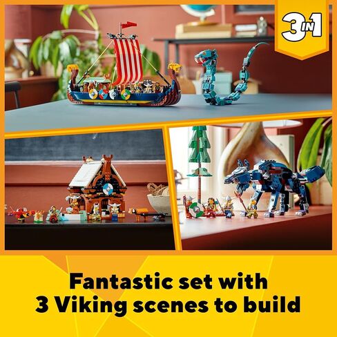 LEGO 31132 Creator 3in1 Viking Ship and the Midgard Snake Toy Set for Kids with a Boat, House and Animal Figures, Original Gift in Saudi Arabia