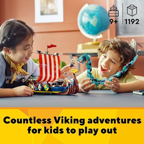 LEGO 31132 Creator 3in1 Viking Ship and the Midgard Snake Toy Set for Kids with a Boat, House and Animal Figures, Original Gift in Saudi Arabia