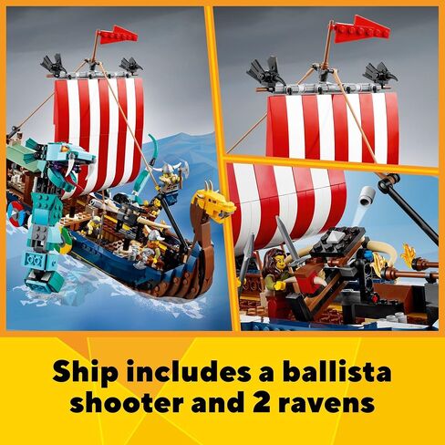 LEGO 31132 Creator 3in1 Viking Ship and the Midgard Snake Toy Set for Kids with a Boat, House and Animal Figures, Original Gift in Saudi Arabia