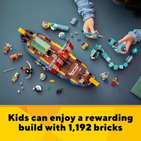 LEGO 31132 Creator 3in1 Viking Ship and the Midgard Snake Toy Set for Kids with a Boat, House and Animal Figures, Original Gift in Saudi Arabia