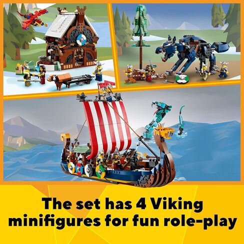 LEGO 31132 Creator 3in1 Viking Ship and the Midgard Snake Toy Set for Kids with a Boat, House and Animal Figures, Original Gift in Saudi Arabia
