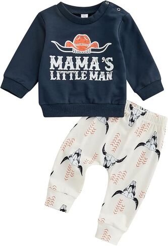 Chloefairy Western Baby Boy Clothes Mama's Little Man Sweatshirt Cow Print Top Pants Set 2Pcs Toddler Fall Winter Outfits Set in Saudi Arabia