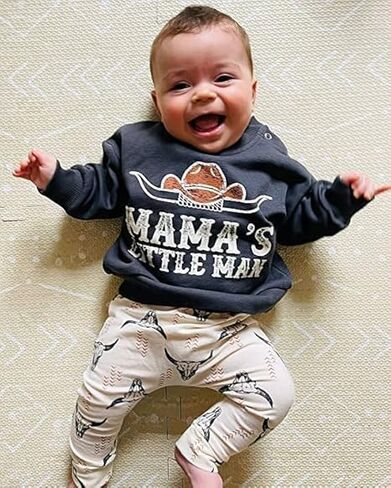 Chloefairy Western Baby Boy Clothes Mama's Little Man Sweatshirt Cow Print Top Pants Set 2Pcs Toddler Fall Winter Outfits Set in Saudi Arabia