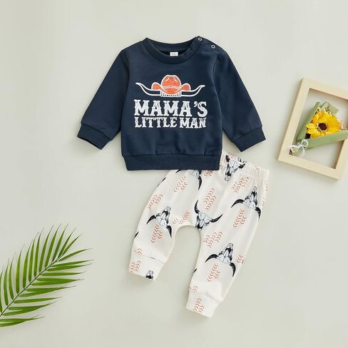 Chloefairy Western Baby Boy Clothes Mama's Little Man Sweatshirt Cow Print Top Pants Set 2Pcs Toddler Fall Winter Outfits Set in Saudi Arabia