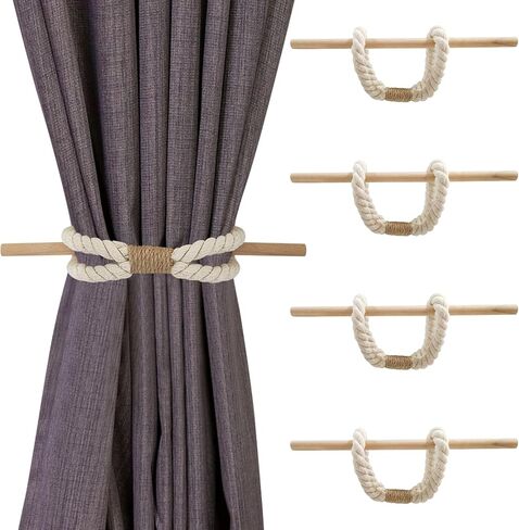 Wooden Bead Curtain Tiebacks, 4pcs Rustic Curtain Hold Backs Poho Wooden Curtain Ties Handmade Curtain Tiebacks for Home Office Light Weight Decor Accessories in Kuwait