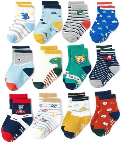 12 Pairs Anti Slip Socks With Grips，Funny Children Socks Ankle Toddler Boys Girls Baby Socks for Ages 1-7 in Saudi Arabia