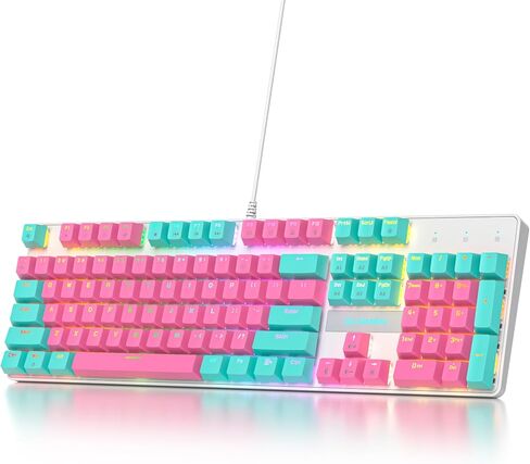 surmen Full Size Pink Creamy Keyboard with Number Pad, 104 Keys RGB Wired Mechanical Gaming Keyboard Backlit with PBT Keycaps Linear Red Switch for Laptop Desktop PC Gamers（104 Miami） in Saudi Arabia