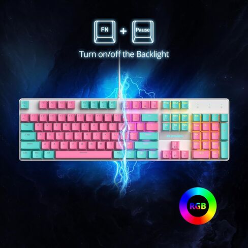 surmen Full Size Pink Creamy Keyboard with Number Pad, 104 Keys RGB Wired Mechanical Gaming Keyboard Backlit with PBT Keycaps Linear Red Switch for Laptop Desktop PC Gamers（104 Miami） in Saudi Arabia