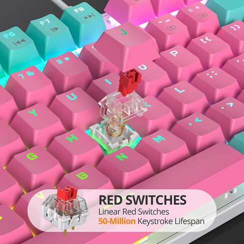surmen Full Size Pink Creamy Keyboard with Number Pad, 104 Keys RGB Wired Mechanical Gaming Keyboard Backlit with PBT Keycaps Linear Red Switch for Laptop Desktop PC Gamers（104 Miami） in Saudi Arabia
