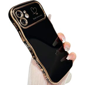 Qokey for iPhone 15 Case,Curly Wavy Grip Design Plated Love Heart Luxury Phone Case, Full Camera Lens Protection Fun Cute Side Small Pattern Electroplate Slim Soft Wave Case for iPhone 15,Pink
