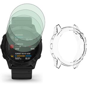Watch Screen Protector (3+1Pack) Compatible for Garmin Fenix 6X / Fenix 6X pro,Tempered Glass Film Anti-Scratch High Definition Full Coverage and Soft TPU Protective Case, Transparent