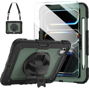 Ambison for iPad Pro 11 Inch Case M4(2024, 5th Generation),with 9H Tempered Glass Screen Protector,Full-Body Heavy Duty Durable Shockproof Cover with 360° Rotate Strap Stand,Pencil Holder (Black)