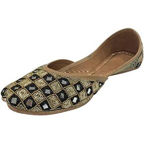 Punjabi Jutti Flats for Women,Black Bohemian Genuine Soft Flat Jooti,Handmade Indian Ethnic Traditional Jooti