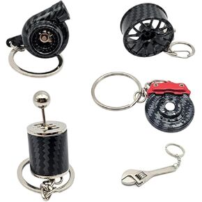 Five Piece Auto Parts Metal Key Chain Set - Spinning Turbo Keychain, Six Speed Manual Gearbox Keychain, Wheel Tire Rim Keychain, Red Brake Rotor Keychain, Silver Wrench Keychain
