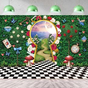 Wonderland Backdrop for Photography 7x5FT Wonderland Tea Party Decorations Fairy Tale Castle Rabbit Green Leaf Birthday Background for Kids Baby Shower Newborn Portrait Photo Props