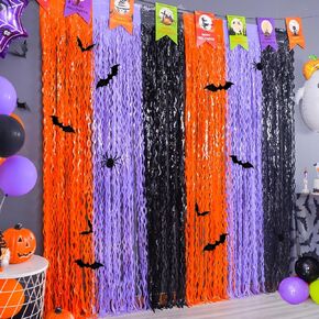 Mega-L Halloween Foil Fringe Curtains, 3 Pack Orange Purple Black Photo Booth Props, 18 Pcs PVC Bat & Spider Stickers Wall Decals, Halloween Photo Backdrop Wall Decor for Halloween Party Decorations