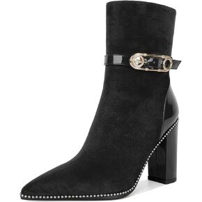 Soireelady Womens Ankle Boots Pointed Toe High Heel Beaded Boots Chunky Block Heel Booties with Metal Buckle Side Zipper Short Boots 4 Inch