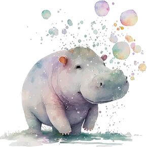 Cute Watercolor Hippo Balloon Wall Stickers Decals, Lovely Savanna Animals Decor Vinyl Waterproof Peel Removable Murals for Nursery Kids Baby Room Bathroom Toilet Playroom Furniture Classroom
