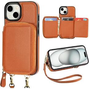 Bocasal RFID Blocking Wallet Case for iPhone 15, Adjustable Crossbody Zipper Purse Case Card Holder with Kickstand Detachable Wrist Strap, PU Leather Flip Folio Case 6.1 Inch 5G (Black)