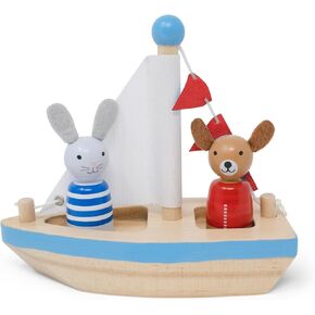 Boats and Buddies- Dog and Bunny by Jack Rabbit Creations- 3 Piece Wooden Floating Bath Toys - Includes 2 Removable Animals- Water Table, Sink, and Bathtub Fun for Toddlers 3+