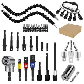Flexible Drill Bit Extension Set 38Pcs, Right Angle Drill Attachment, Rotatable Joint Socket 1/4 3/8 1/2 Inch Hex Socket Adapter, Bits Holder and Screwdriver Bit Kit with a Box (Black)