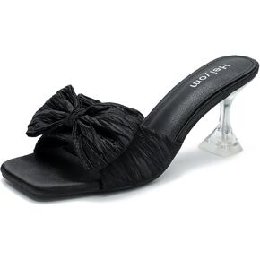 Women's Bow Heels Pleated Satin Bowknot Stilettos Heel Mules Sandals Slip on Wedding Party Slipper Dress Shoes