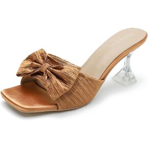 Women's Bow Heels Pleated Satin Bowknot Stilettos Heel Mules Sandals Slip on Wedding Party Slipper Dress Shoes