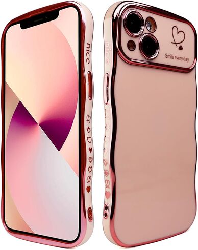 حافظة Qokey لهاتف iPhone 15، حافظة هاتف فاخرة بتصميم قبضة متموجة ومطلية بقلب الحب، حماية كاملة لعدسة الكاميرا، جانب لطيف ونمط صغير مطلي بالكهرباء، حافظة مموجة ناعمة لهاتف iPhone 15، وردي in Kuwait