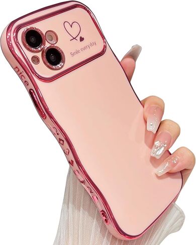 حافظة Qokey لهاتف iPhone 15، حافظة هاتف فاخرة بتصميم قبضة متموجة ومطلية بقلب الحب، حماية كاملة لعدسة الكاميرا، جانب لطيف ونمط صغير مطلي بالكهرباء، حافظة مموجة ناعمة لهاتف iPhone 15، وردي in Kuwait