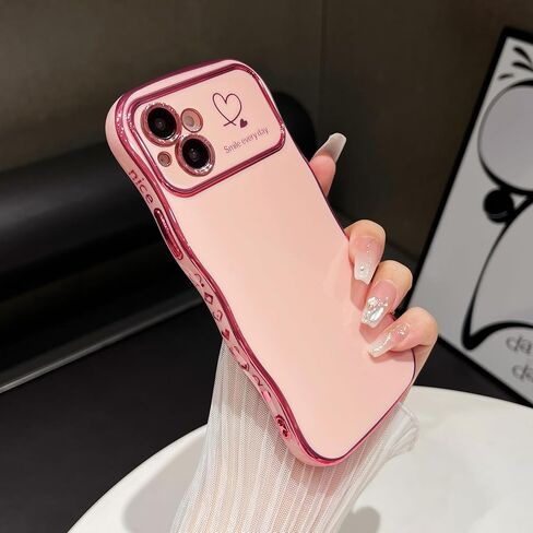 حافظة Qokey لهاتف iPhone 15، حافظة هاتف فاخرة بتصميم قبضة متموجة ومطلية بقلب الحب، حماية كاملة لعدسة الكاميرا، جانب لطيف ونمط صغير مطلي بالكهرباء، حافظة مموجة ناعمة لهاتف iPhone 15، وردي in Kuwait