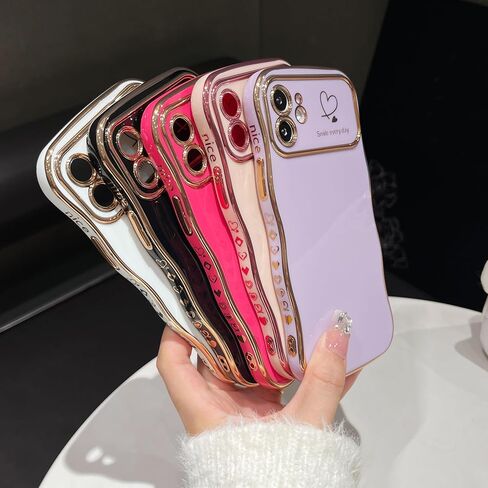حافظة Qokey لهاتف iPhone 15، حافظة هاتف فاخرة بتصميم قبضة متموجة ومطلية بقلب الحب، حماية كاملة لعدسة الكاميرا، جانب لطيف ونمط صغير مطلي بالكهرباء، حافظة مموجة ناعمة لهاتف iPhone 15، وردي in Kuwait