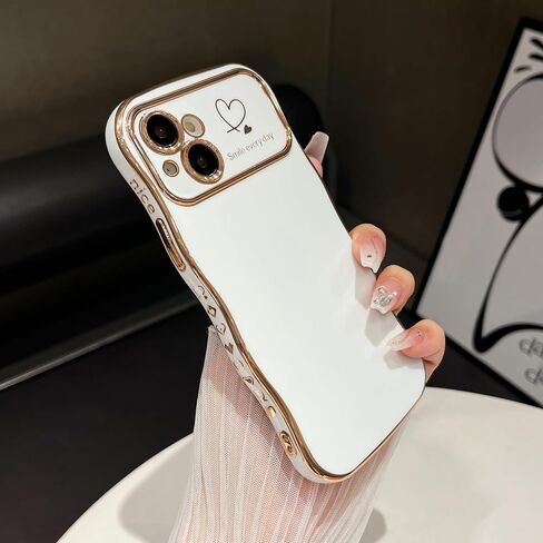 حافظة Qokey لهاتف iPhone 15، حافظة هاتف فاخرة بتصميم قبضة متموجة ومطلية بقلب الحب، حماية كاملة لعدسة الكاميرا، جانب لطيف ونمط صغير مطلي بالكهرباء، حافظة مموجة ناعمة لهاتف iPhone 15، وردي in Kuwait