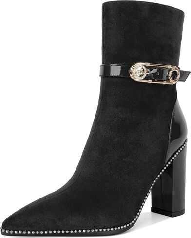 Soireelady Womens Ankle Boots Pointed Toe High Heel Beaded Boots Chunky Block Heel Booties with Metal Buckle Side Zipper Short Boots 4 Inch in Saudi Arabia
