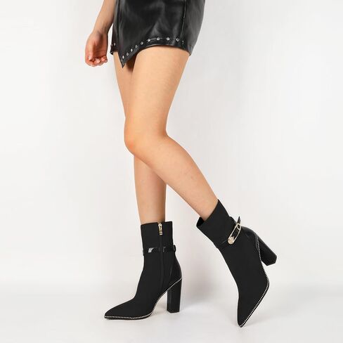 Soireelady Womens Ankle Boots Pointed Toe High Heel Beaded Boots Chunky Block Heel Booties with Metal Buckle Side Zipper Short Boots 4 Inch in Saudi Arabia