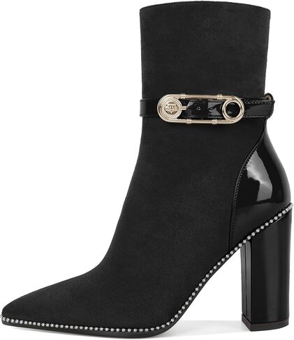 Soireelady Womens Ankle Boots Pointed Toe High Heel Beaded Boots Chunky Block Heel Booties with Metal Buckle Side Zipper Short Boots 4 Inch in Saudi Arabia