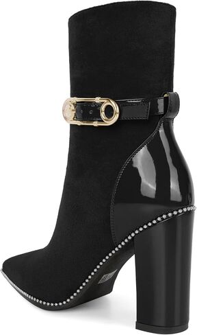 Soireelady Womens Ankle Boots Pointed Toe High Heel Beaded Boots Chunky Block Heel Booties with Metal Buckle Side Zipper Short Boots 4 Inch in Saudi Arabia