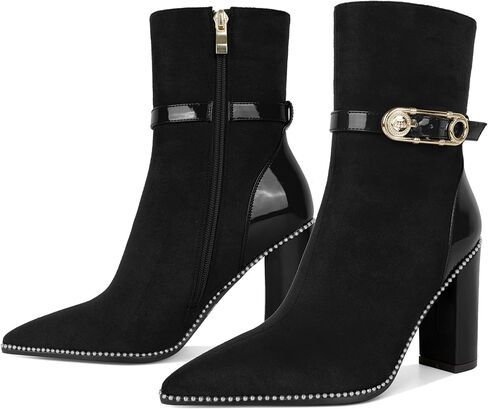 Soireelady Womens Ankle Boots Pointed Toe High Heel Beaded Boots Chunky Block Heel Booties with Metal Buckle Side Zipper Short Boots 4 Inch in Saudi Arabia