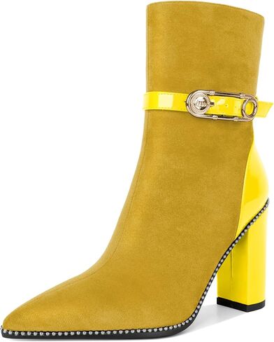 Soireelady Womens Ankle Boots Pointed Toe High Heel Beaded Boots Chunky Block Heel Booties with Metal Buckle Side Zipper Short Boots 4 Inch in Saudi Arabia