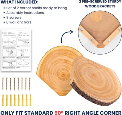 Live Edge Corner Shelves, Corner Floating Shelf, Solid Paulownia Wood Slices with Bark Decorations Style, Wall Mount Display Shelf with Wire Hole for Bedroom, Kitchen, Living Room (Set of 2) in Saudi Arabia