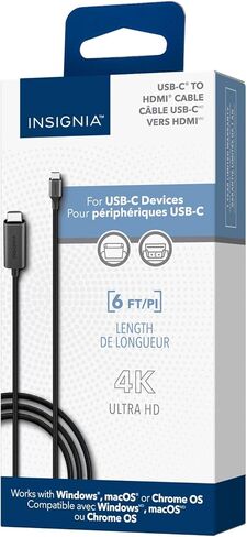 كابل INSIGNIA بطول 6 أقدام USB-C إلى 4K Ultra HD HDMI، سلك من النوع C إلى HDMI، Thunderbolt 3 & 4 متوافق مع سلسلة iPhone 15، MacBook، iMac، iPad Pro، Galaxy، Surface، Dell، HP، أجهزة Android اللوحية، أسود in Kuwait