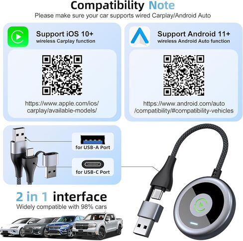 محول Carplay اللاسلكي، محول Carplay اللاسلكي 2 في 1 لأجهزة Apple يحول السلكية إلى محول Carplay اللاسلكي لجهاز iPhone 2024، ترقية التوصيل والتشغيل التلقائي، توصيل السيارات دونجل لسيارات iPhone iOS 10+ in Kuwait