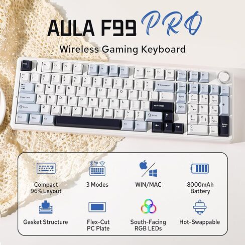 لوحة مفاتيح Aula F99 PRO 96% ميكانيكية، لوحة مفاتيح ألعاب لاسلكية BT5.0/USB-C/2.4 جيجا هرتز، لوحة مفاتيح مخصصة قابلة للتبديل مع بطارية 8000 مللي أمبير في الساعة، مقبض، إضاءة خلفية RGB لنظام Win/Mac (أبيض أزرق) in Kuwait