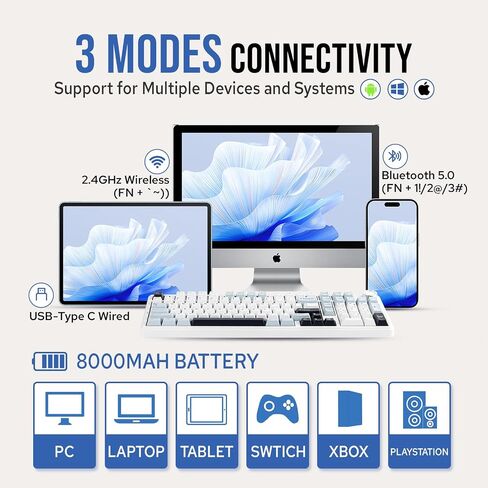 لوحة مفاتيح Aula F99 PRO 96% ميكانيكية، لوحة مفاتيح ألعاب لاسلكية BT5.0/USB-C/2.4 جيجا هرتز، لوحة مفاتيح مخصصة قابلة للتبديل مع بطارية 8000 مللي أمبير في الساعة، مقبض، إضاءة خلفية RGB لنظام Win/Mac (أبيض أزرق) in Kuwait