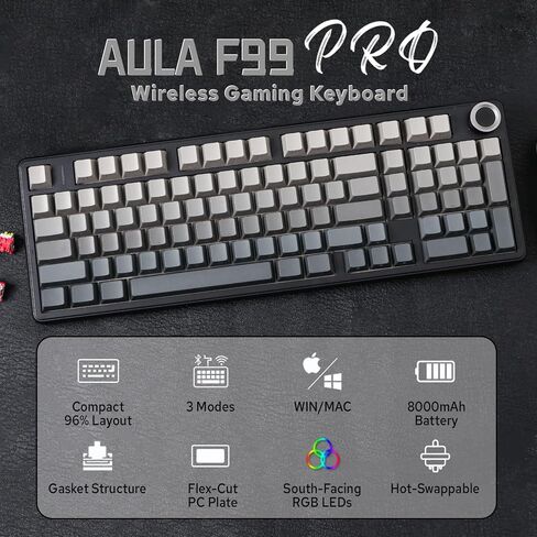 لوحة مفاتيح Aula F99 PRO 96% ميكانيكية، لوحة مفاتيح ألعاب لاسلكية BT5.0/USB-C/2.4 جيجا هرتز، لوحة مفاتيح مخصصة قابلة للتبديل مع بطارية 8000 مللي أمبير في الساعة، مقبض، إضاءة خلفية RGB لنظام Win/Mac (أبيض أزرق) in Kuwait